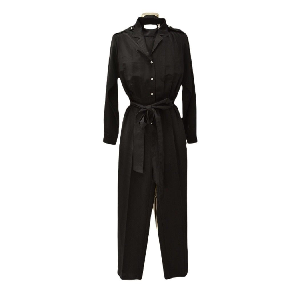 90s Vintage Chaus Black Crepe Jumpsuit 8 Black Pleated Waist Rhinestone Buttons